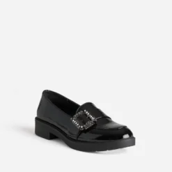 Mocassin noir verni boucle strass