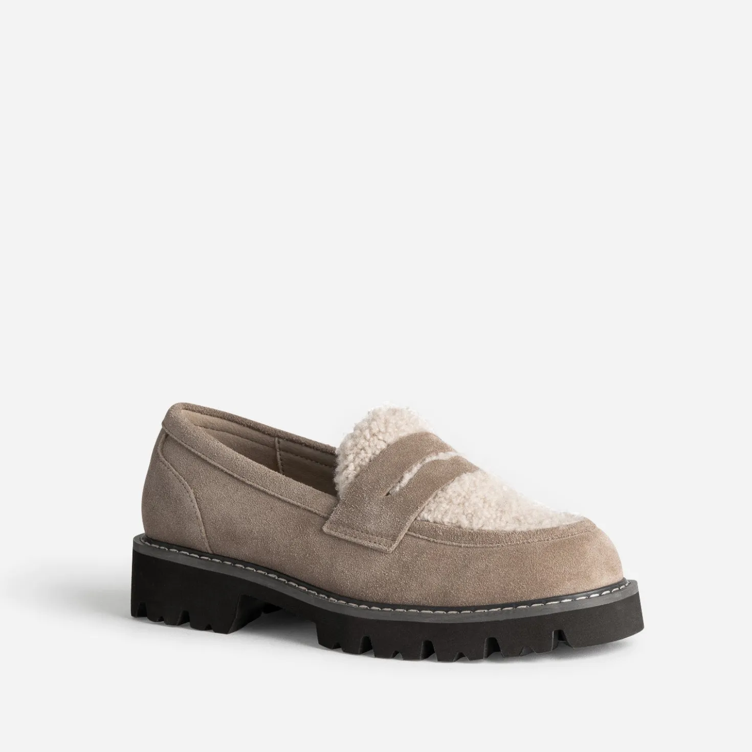 Mocassin taupe cuir velours et sherpa