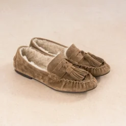 Mocassin taupe cuir velours fourré