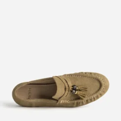 Mocassin taupe cuir velours à pampilles