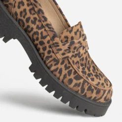 Mocassin TEXTO marron cuir velours motif léopard