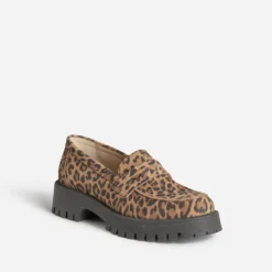 Mocassin TEXTO marron cuir velours motif léopard