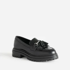 Mocassin TEXTO noir cuir à frange et pampilles