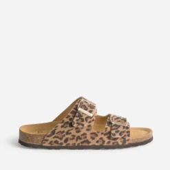 Mule anatomique beige cuir velours effet léopard