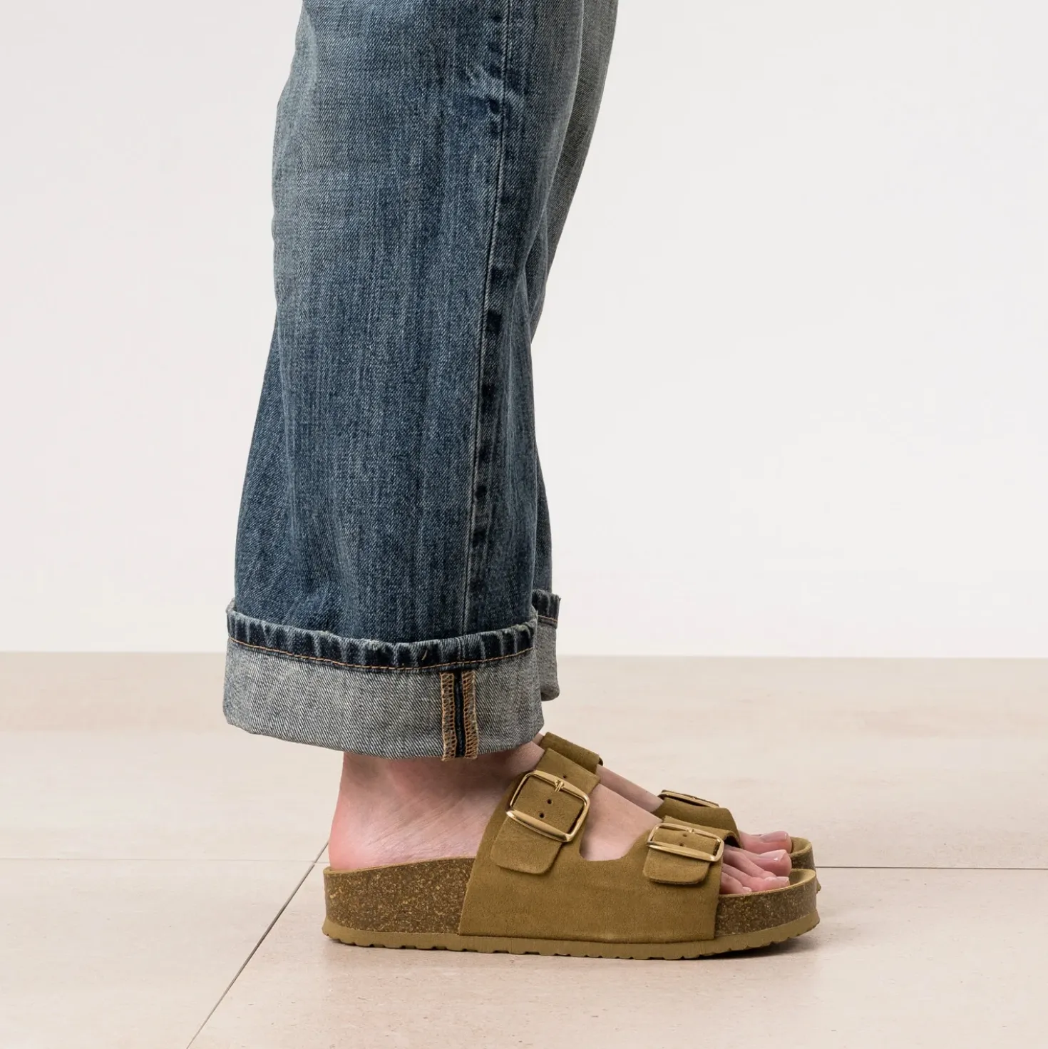 Mule anatomique camel cuir velours à plateforme