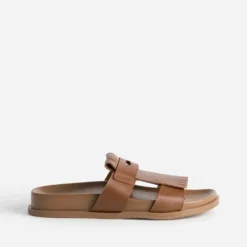 Mule anatomique cognac cuir avec patte frangée