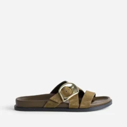 Mule anatomique kaki cuir velours