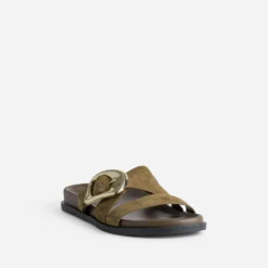 Mule anatomique kaki cuir velours