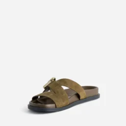 Mule anatomique kaki cuir velours