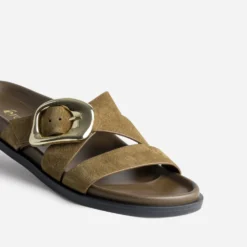 Mule anatomique kaki cuir velours