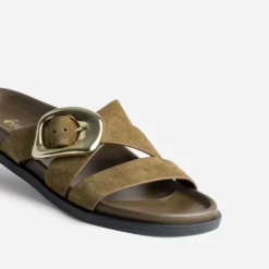 Mule anatomique kaki cuir velours
