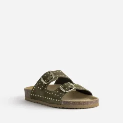 Mule anatomique kaki cuir velours décor clous