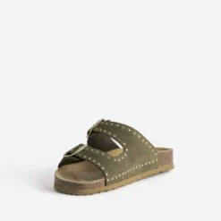 Mule anatomique kaki cuir velours décor clous