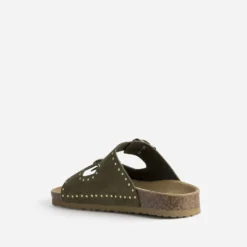 Mule anatomique kaki cuir velours décor clous