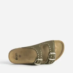 Mule anatomique kaki cuir velours décor clous
