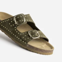 Mule anatomique kaki cuir velours décor clous