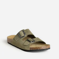 Mule anatomique kaki cuir velours