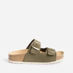 Mule anatomique kaki en cuir velours