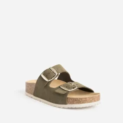 Mule anatomique kaki en cuir velours