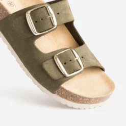 Mule anatomique kaki en cuir velours
