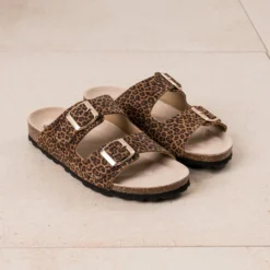 Mule anatomique marron cuir velours motif léopard