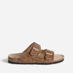Mule anatomique marron cuir velours motif léopard