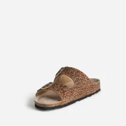 Mule anatomique marron cuir velours motif léopard