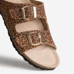 Mule anatomique marron cuir velours motif léopard