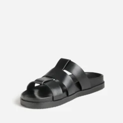 Mule anatomique noir cuir trois brides