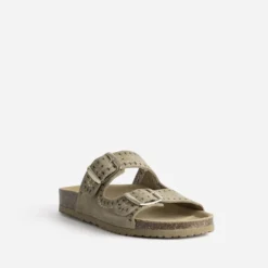 Mule anatomique taupe cuir velours brodé