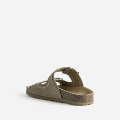 Mule anatomique taupe cuir velours brodé