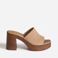 Mule beige cuir velours semelle effet bois