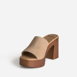 Mule beige cuir velours semelle effet bois
