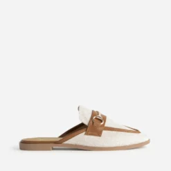 Mule bi-matière beige lin bordé cognac