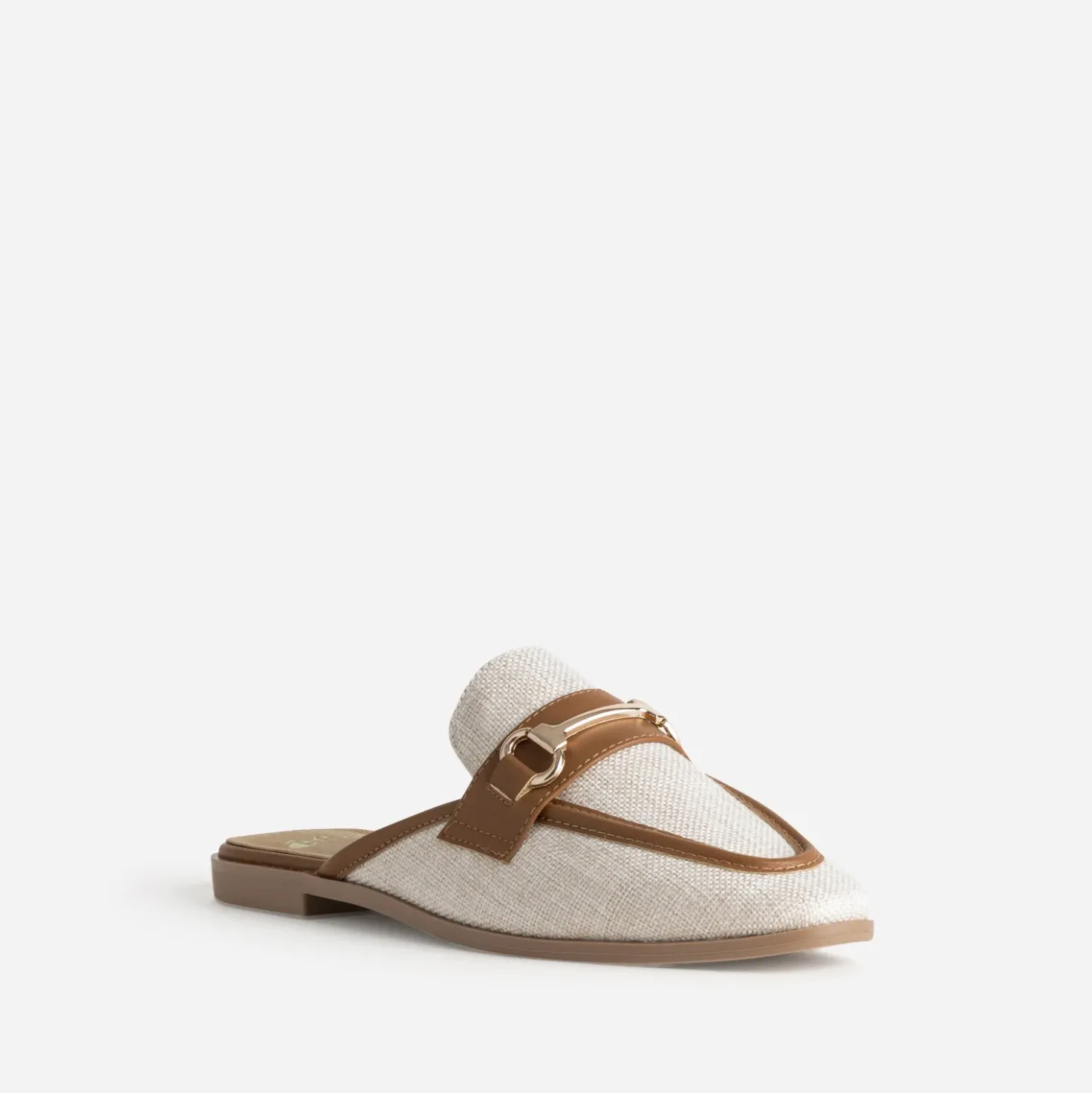 Mule bi-matière beige lin bordé cognac