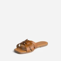 Mule camel cuir brides tressées