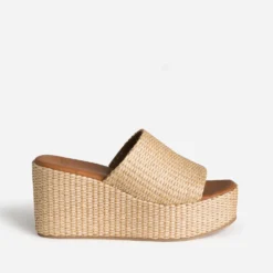 Mule compensée beige raphia tressé