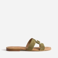 Mule kaki cuir velours et anneau