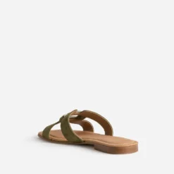 Mule kaki cuir velours et anneau
