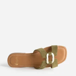 Mule kaki cuir velours et anneau