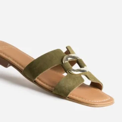 Mule kaki cuir velours et anneau