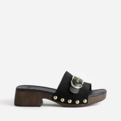 Mule noire cuir velours décor boucle