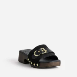Mule noire cuir velours décor boucle