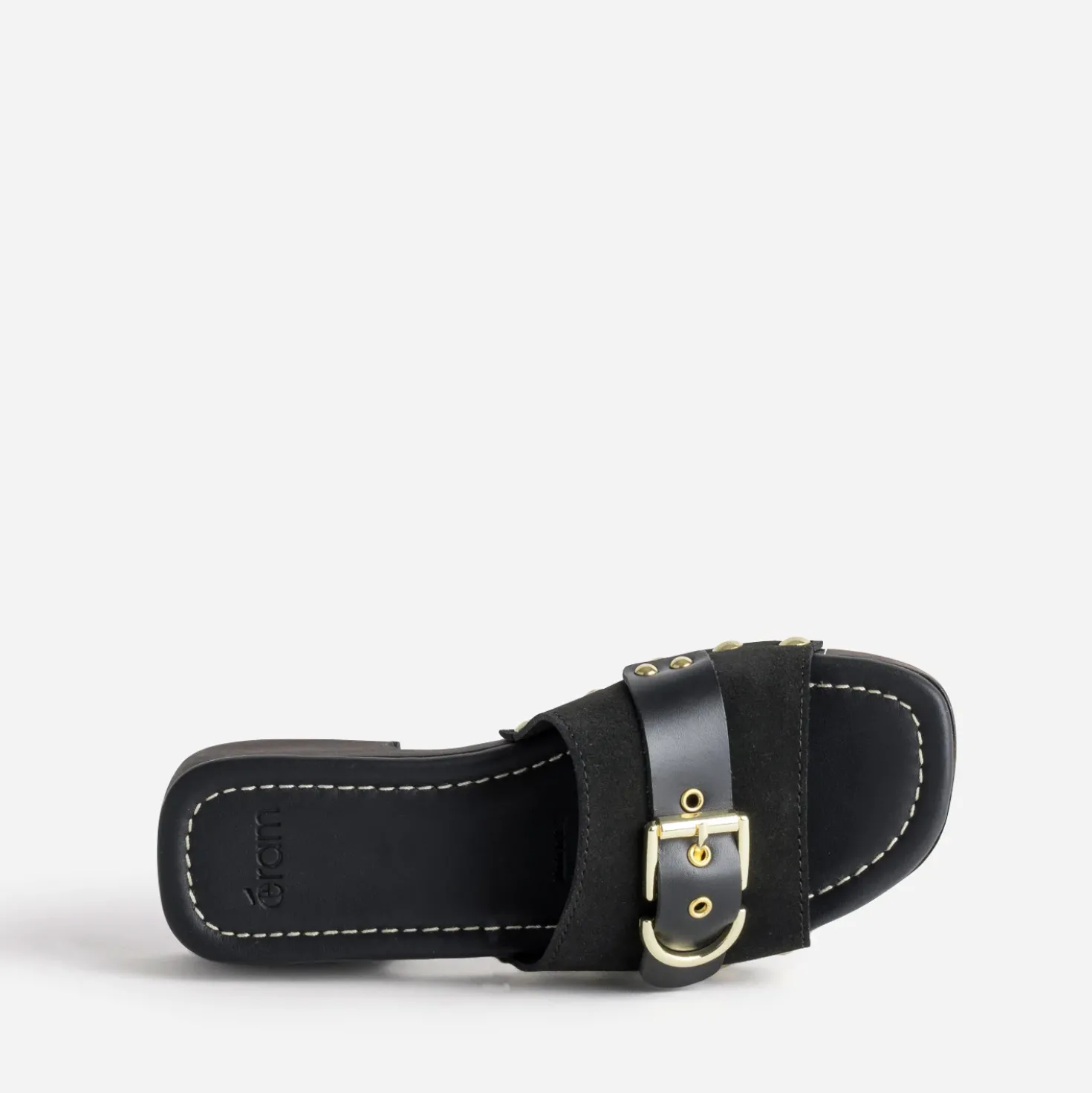 Mule noire cuir velours décor boucle