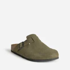 Mule-sabot anatomique kaki cuir velours
