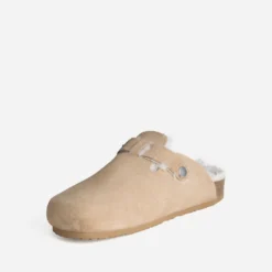 Mule-sabot beige cuir velours fourré