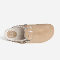 Mule-sabot beige cuir velours fourré