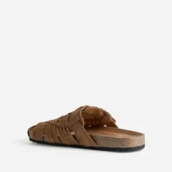 Mule-sabot camel cuir velours tressé