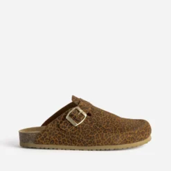 Mule-sabot camel cuir velours motif léopard