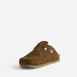 Mule-sabot camel cuir velours motif léopard
